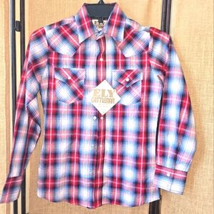 NWT Boy's Ely Cattleman Multicolor Plaid Shirt Size 12 Red White Blue